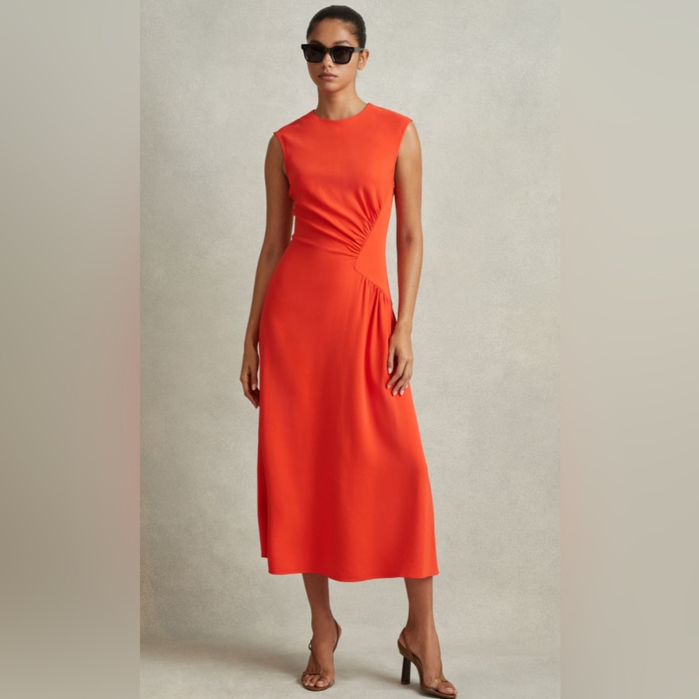 NWT Reiss Stacey Side Ruched Midi Dress Orange Sleeveless Minimalist Sz 10